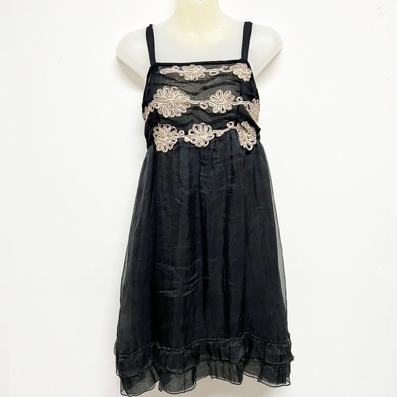 Anthropologie Zehavale Black Ruffle Floral Detail Silk Blend Mini Dress Sz 2 - Picture 2 of 9
